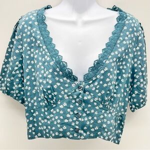Kendall & Kylie Teal/White Floral Lace V-Neck Crop Top w/Bustier Seams-Size L